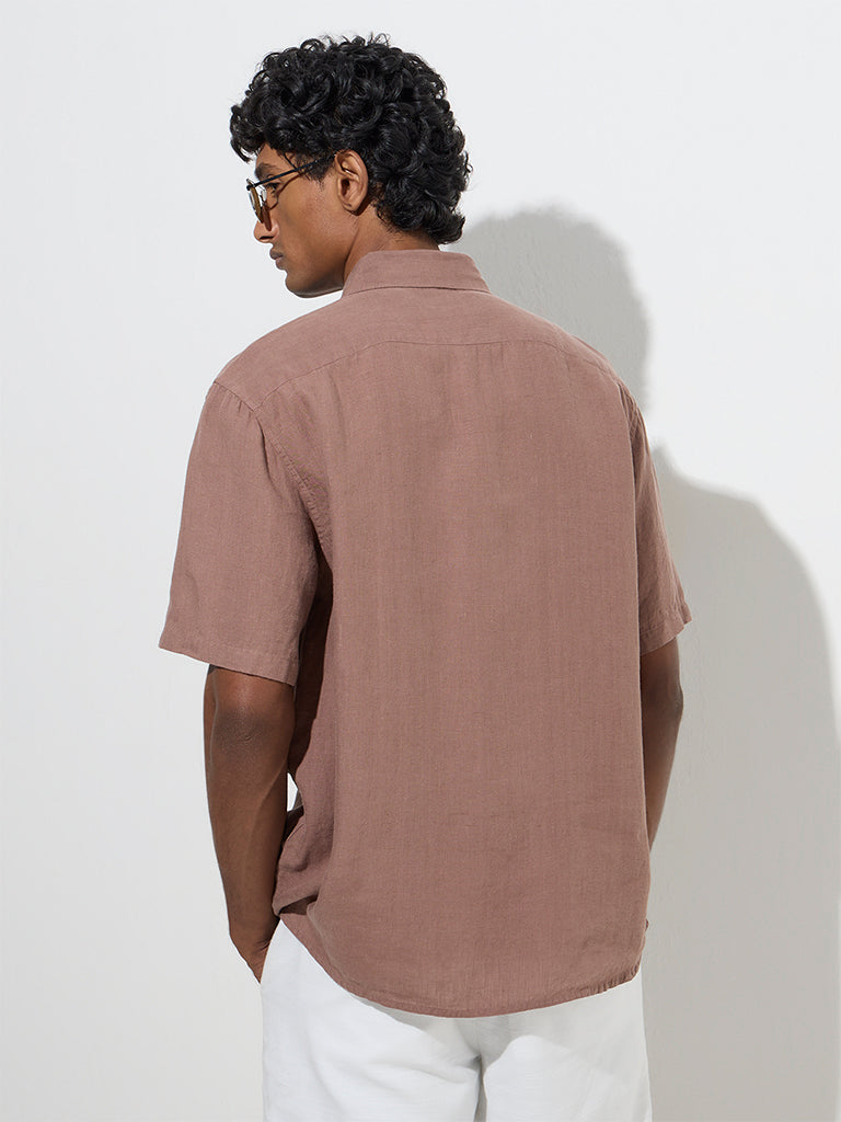 Westside Ascot Men's Taupe Solid Relaxed-Fit Linen Shirt for Casual Wear Back View