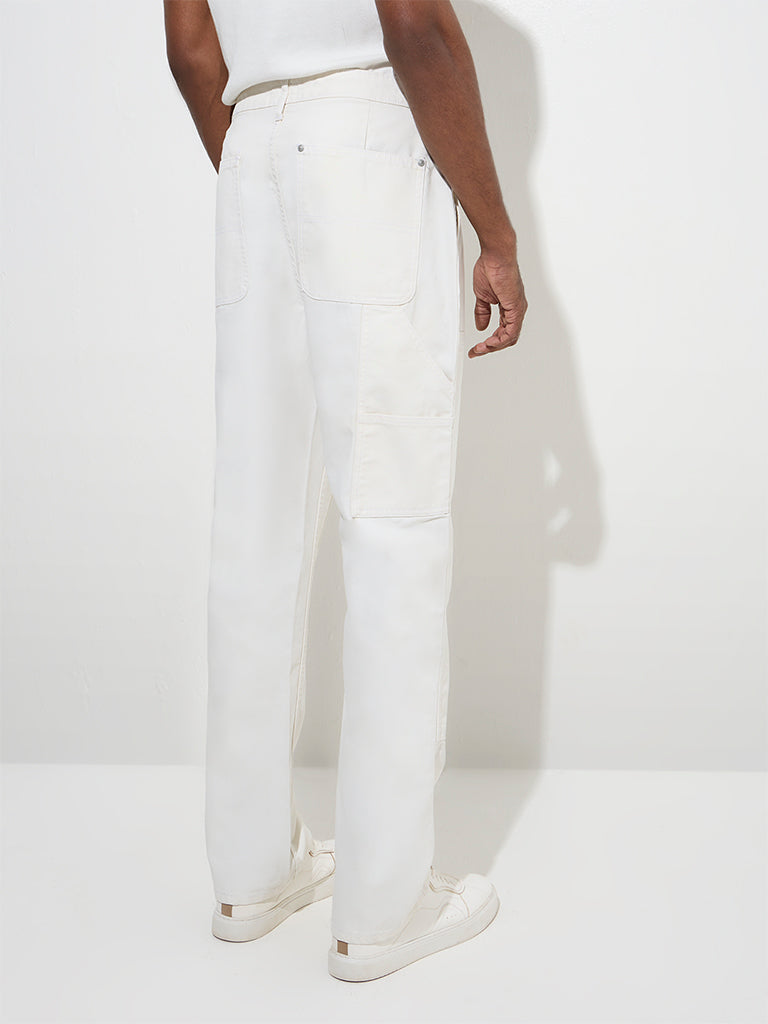 Westside WES Casuals Men's White Relaxed-Fit Mid-Rise Cotton Chinos for Casual Wear Back View
