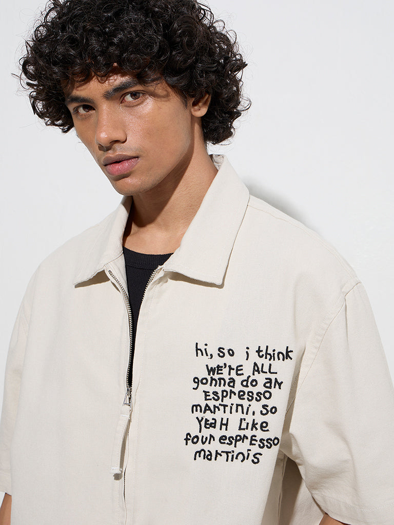 Nuon Off-White Text Design Relaxed-Fit Cotton Jacket