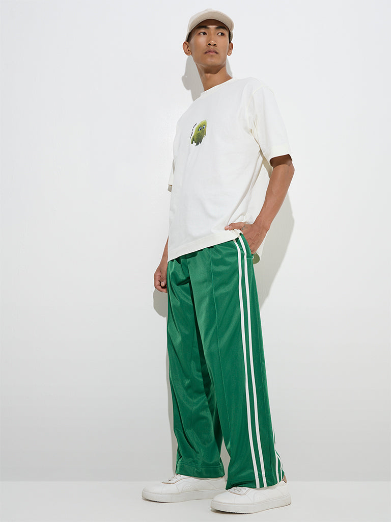Westside Nuon Men's Jade Green Striped Relaxed-Fit Mid-Rise Track Pants for Casual Wear Full View