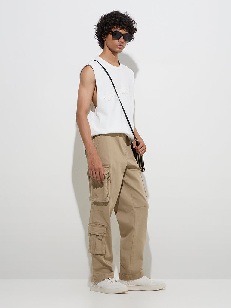 Westside Nuon Men's Taupe Cargo-Style Relaxed-Fit Mid-Rise Cotton Pants for Casual Wear Full Model View