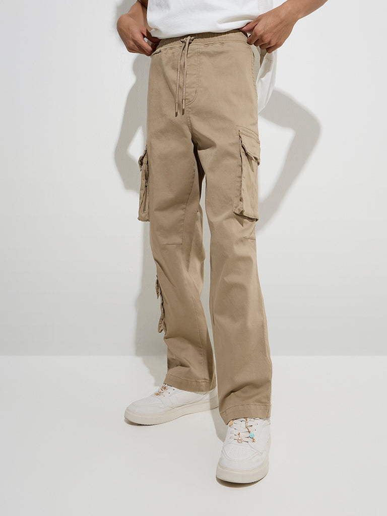 Westside Nuon Men's Taupe Cargo-Style Relaxed-Fit Mid-Rise Cotton Pants for Casual Wear Front View