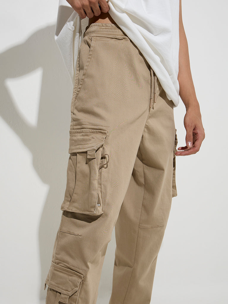 Westside Nuon Men's Taupe Cargo-Style Relaxed-Fit Mid-Rise Cotton Pants for Casual Wear Zoom View