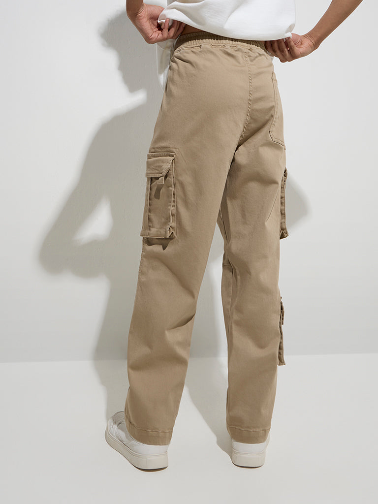 Westside Nuon Men's Taupe Cargo-Style Relaxed-Fit Mid-Rise Cotton Pants for Casual Wear Back View