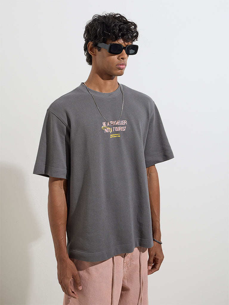 Nuon Grey Text Design Relaxed-Fit Cotton T-Shirt