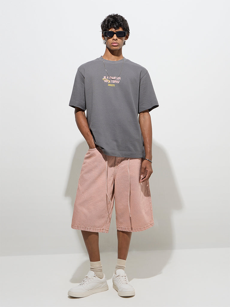 Nuon Grey Text Design Relaxed-Fit Cotton T-Shirt