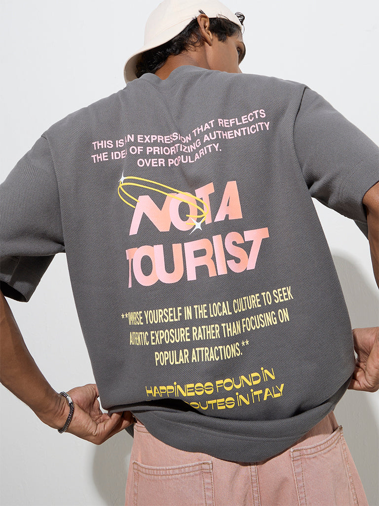 Nuon Grey Text Design Relaxed-Fit Cotton T-Shirt