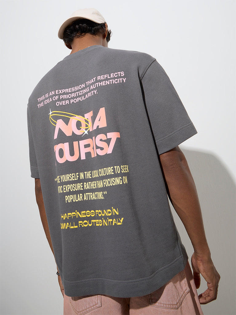 Nuon Grey Text Design Relaxed-Fit Cotton T-Shirt
