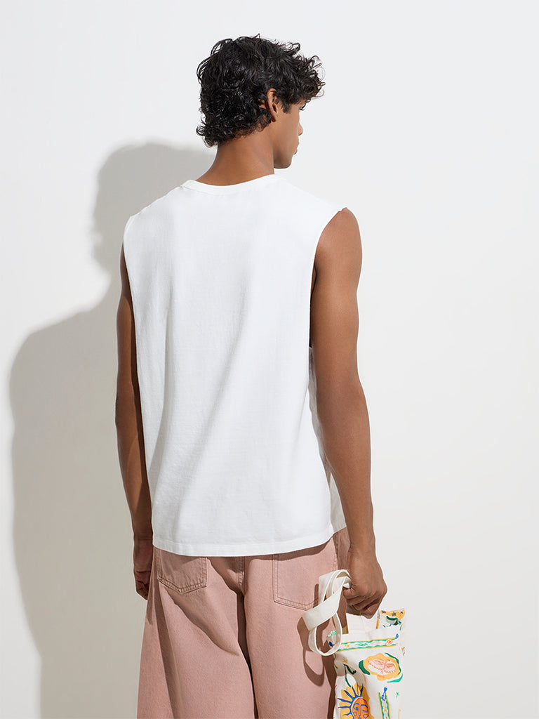 Westside Nuon Men's White Text Printed Relaxed-Fit Cotton T-Shirt for Casual Wear Back View