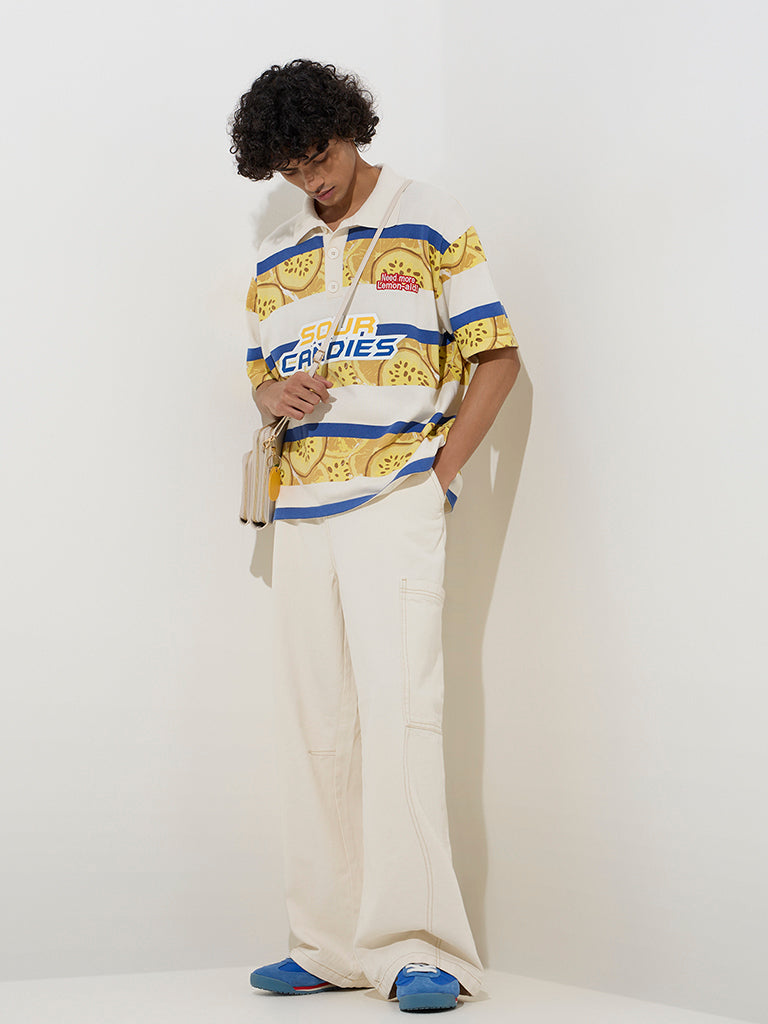 westisde Nuon Men's Yellow Printed Relaxed-Fit Cotton-Blend Polo T-Shirt for Casual Wear Full Model View