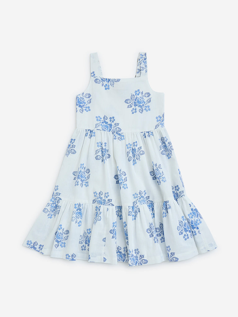 Utsa Kids White Floral Tiered Cotton-Blend Dress 2-8 years