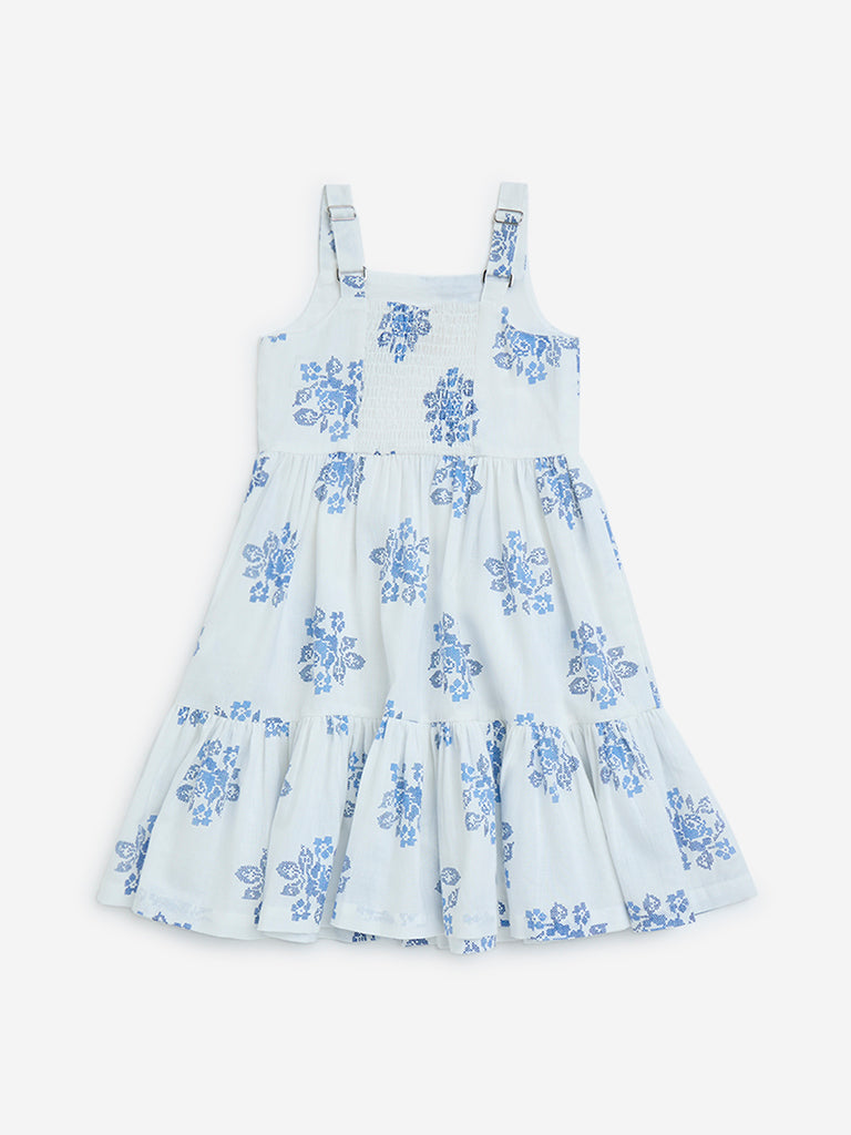 Utsa Kids White Floral Tiered Cotton-Blend Dress 2-8 years