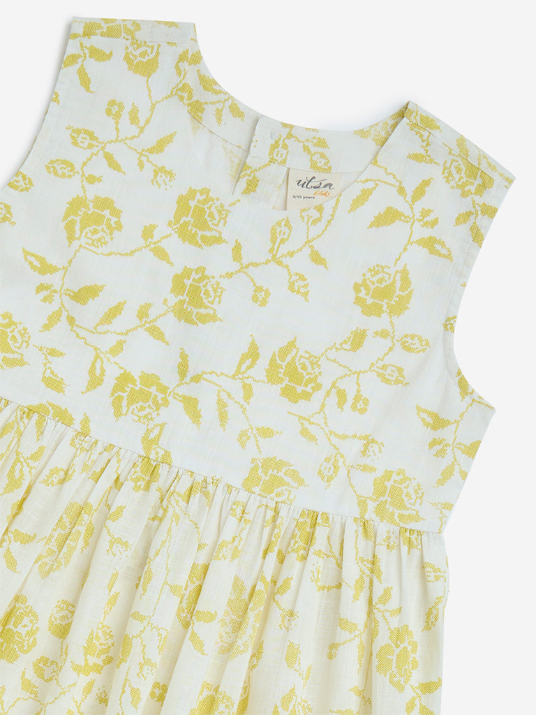 Utsa Kids Yellow Botanical Pattern Cotton A-Line Dress 8-14 years