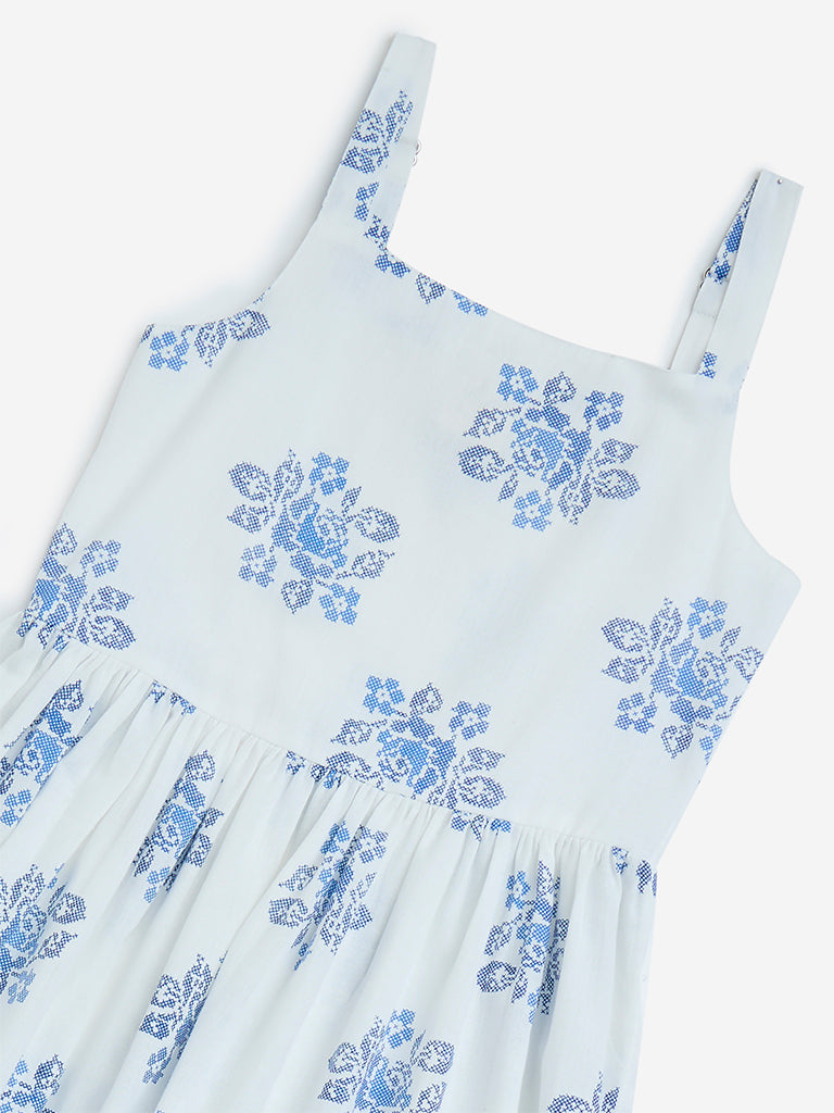 westisde Utsa Kids Girls' White Floral Tiered Cotton-Blend Dress - (8-14yrs) for Ethnic Wear Zoom View