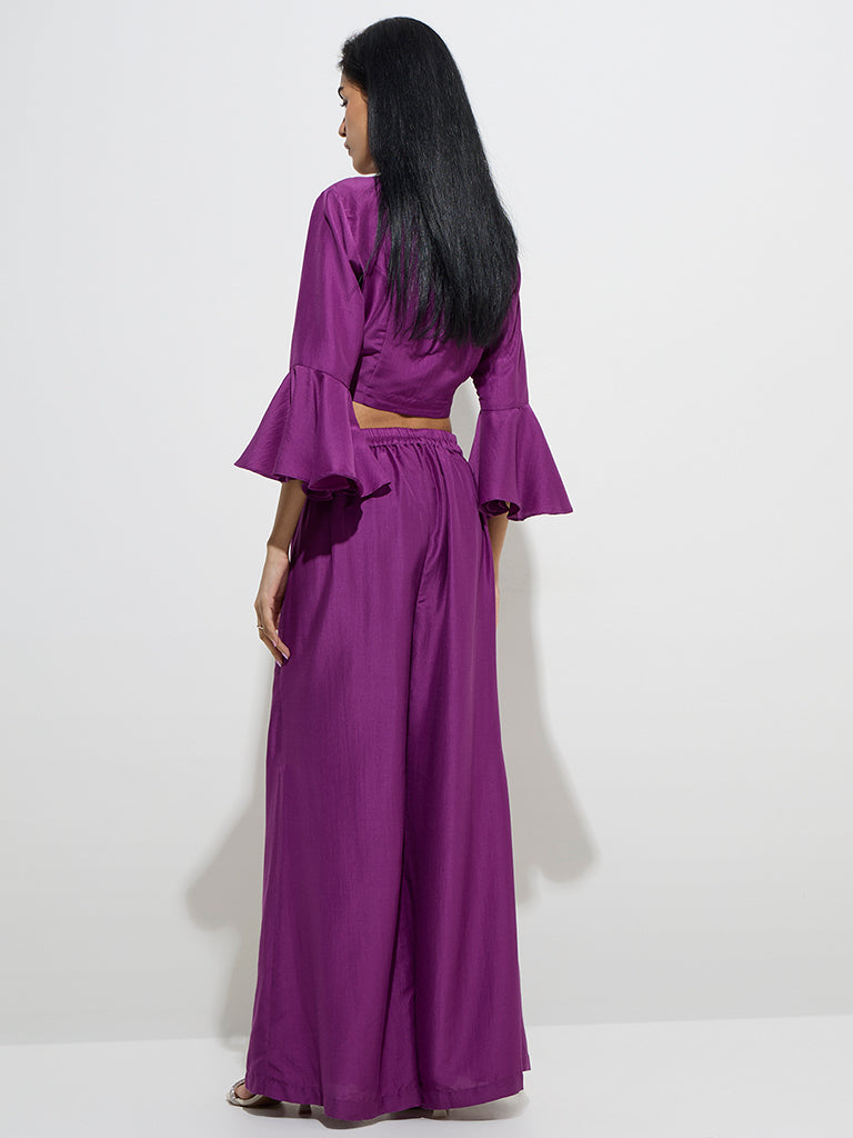 Westside Vark Women's Plum Solid Palazzos for Festive Wear Back View