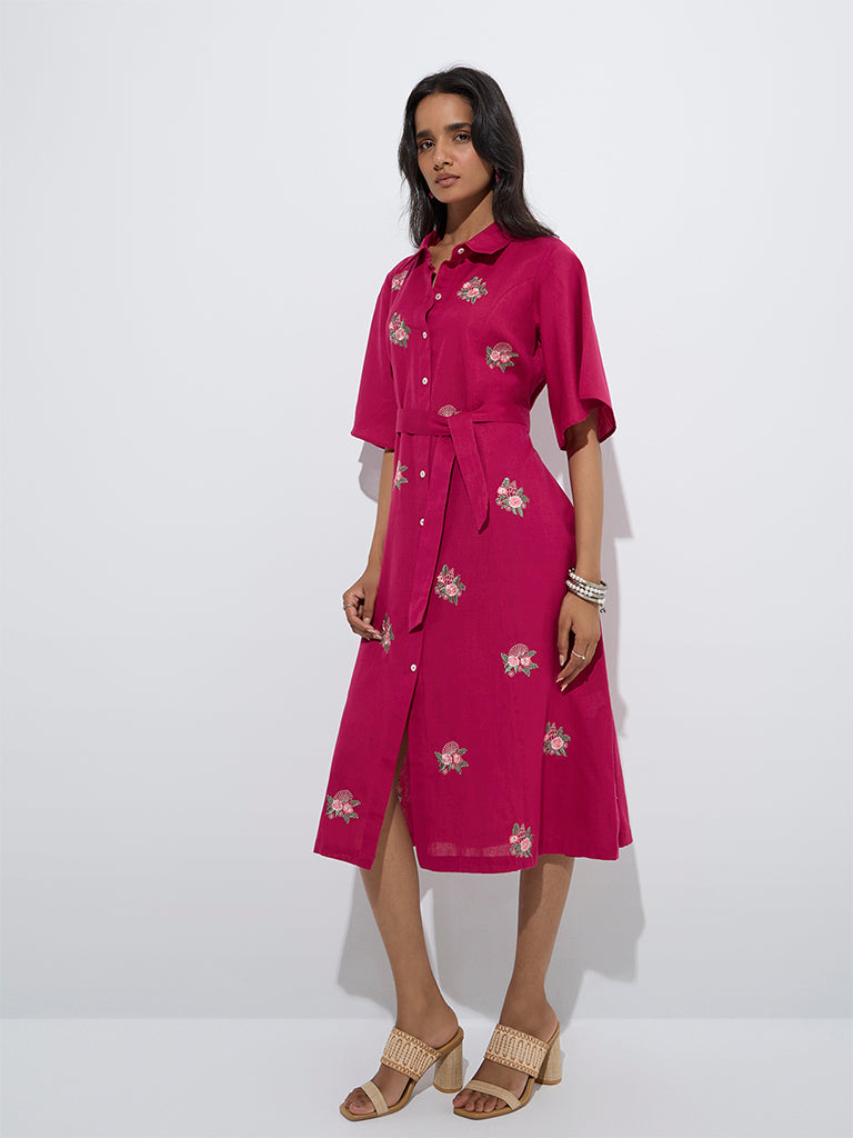 Utsa Pink Embroidered A-Line Cotton-Blend Dress with Belt