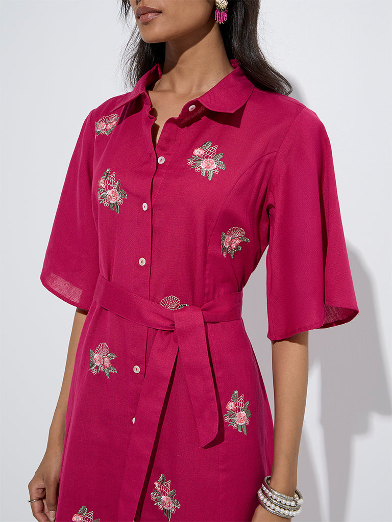 Utsa Pink Embroidered A-Line Cotton-Blend Dress with Belt