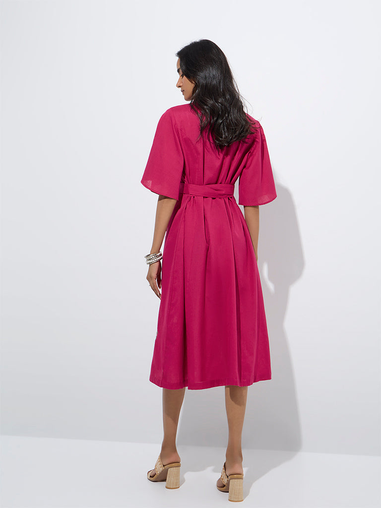 westisde Utsa Women's Pink Embroidered A-Line Cotton-Blend Dress with Belt for Work Wear Back View