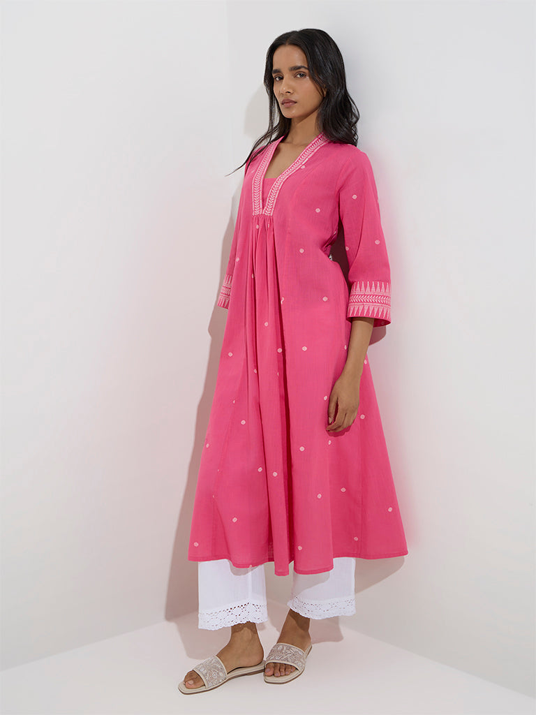 Utsa Pink Badla Printed Cotton A-Line Kurta