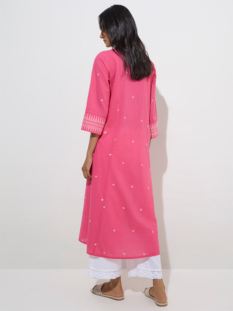 Utsa Pink Badla Printed Cotton A-Line Kurta