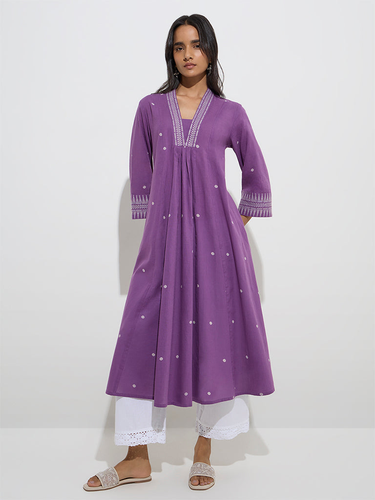 Utsa Purple Badla Printed Cotton A-Line Kurta