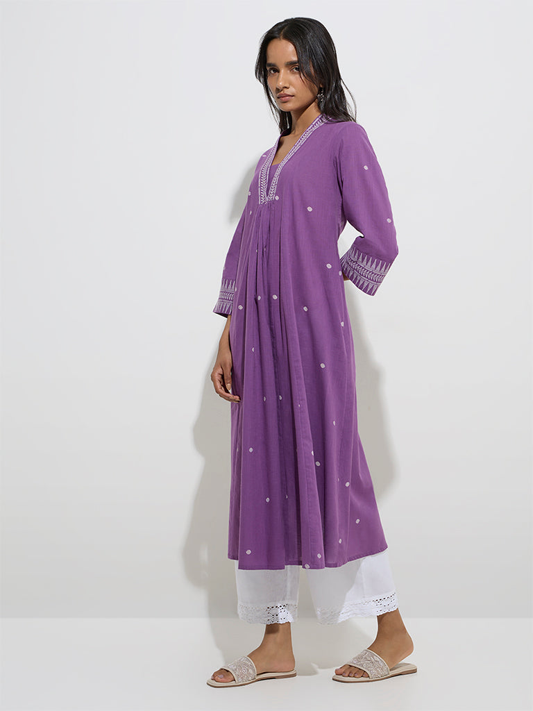Utsa Purple Badla Printed Cotton A-Line Kurta