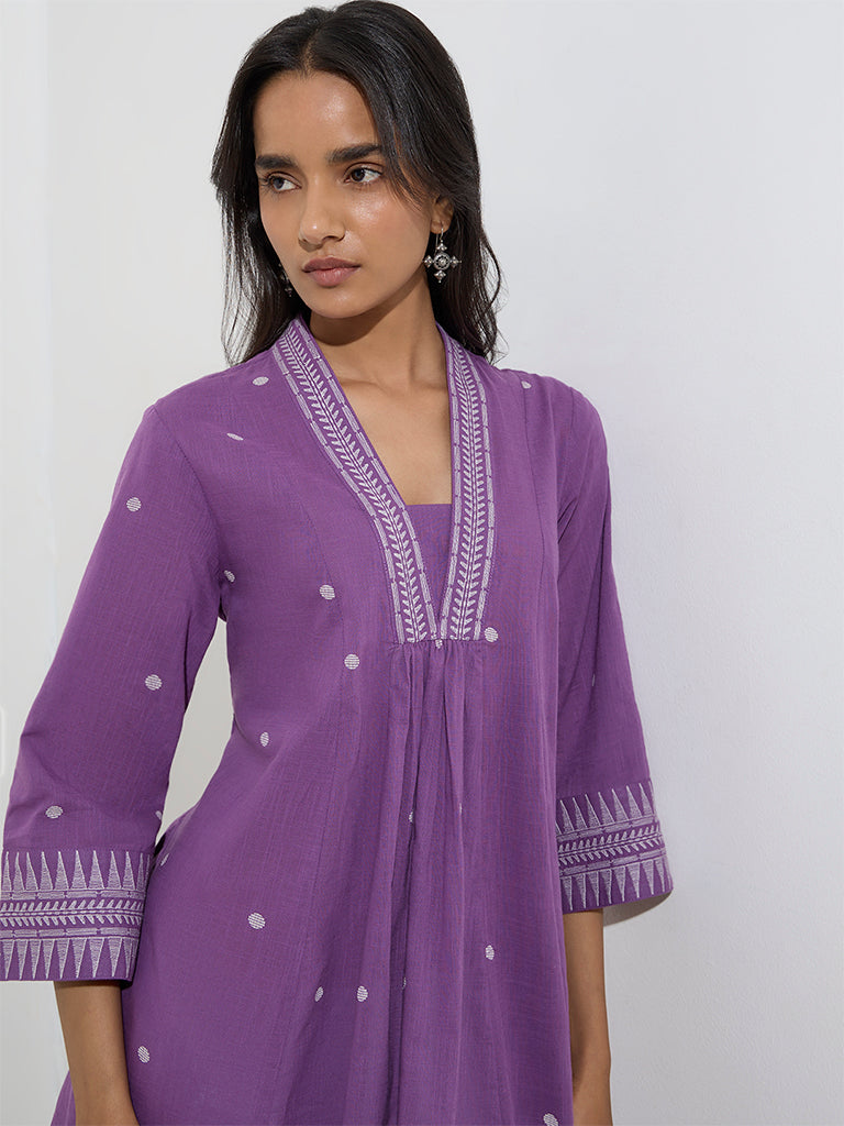 Utsa Purple Badla Printed Cotton A-Line Kurta