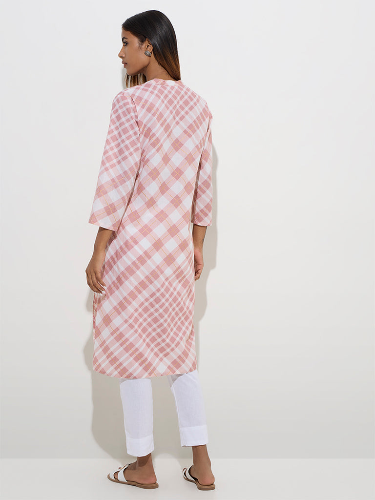 Westside Utsa Women's Dusty Pink Checks Printed Straight Cotton Kurta for Everyday Back View