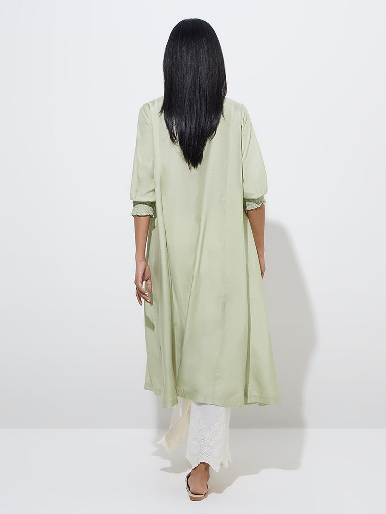 Zuba Sage Floral Embroidered Cotton-Blend A-Line Kurta