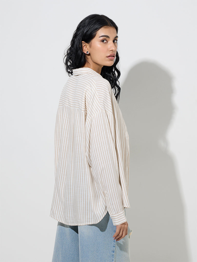 Westside Nuon Women's Beige Stripe Patterned Shirt for Casual Wear Back View