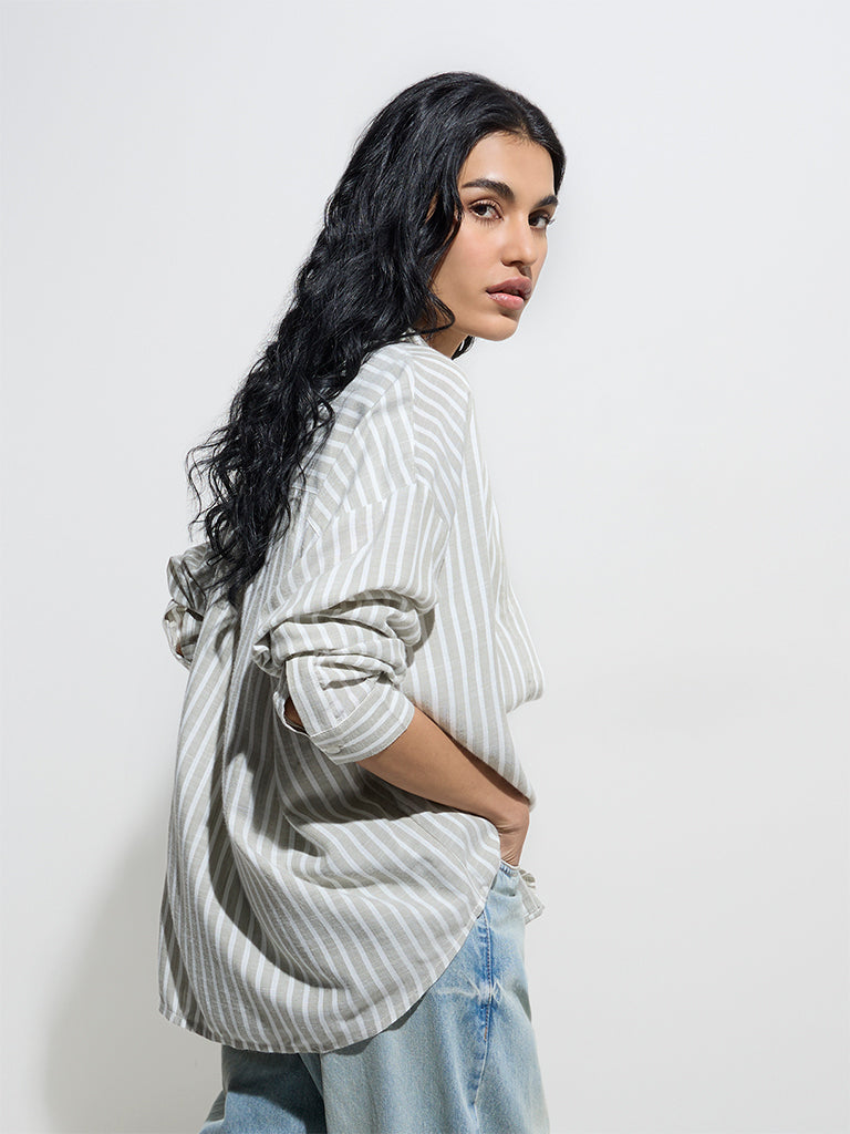 Westside Nuon Women's Sage Stripe Printed Shirt for Casual Wear Back View