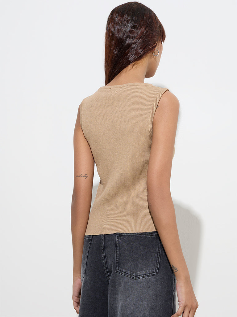 Westside Nuon Women's Beige Ribbed-Textured Top for Casual Wear Back View