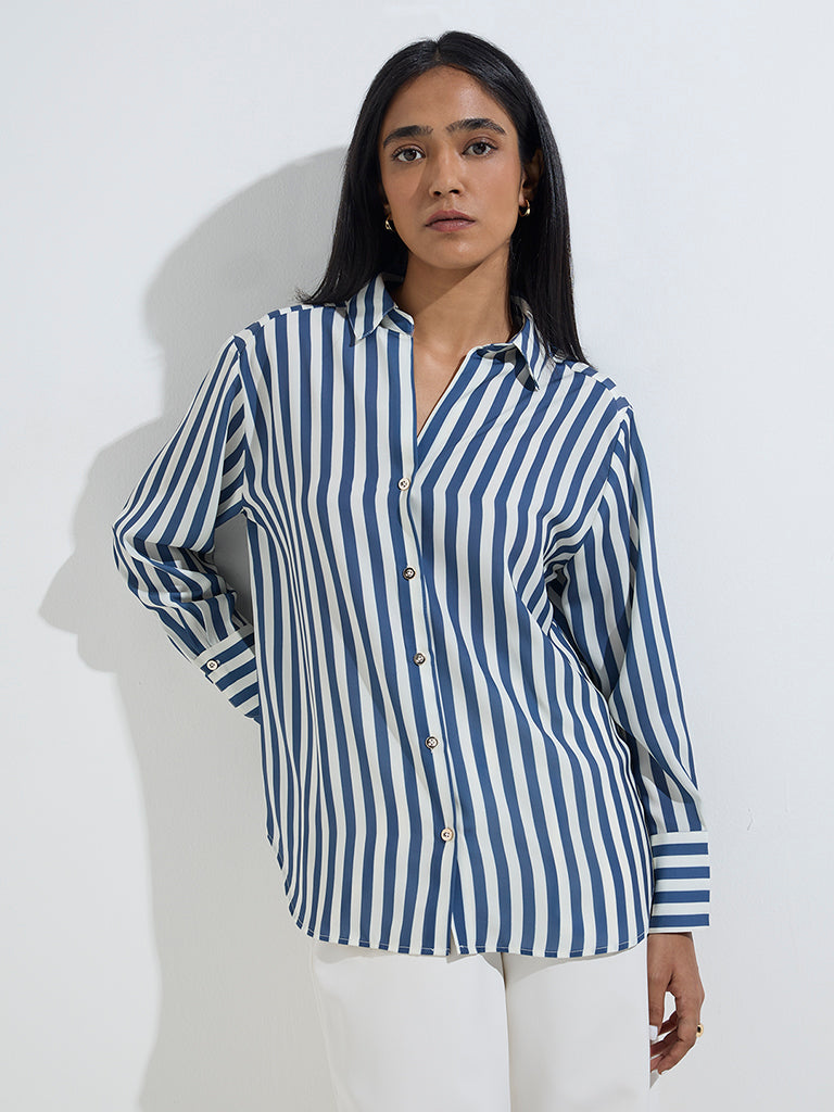 Westside Wardrobe Women's Blue Striped Shirt for Work Wear Front View