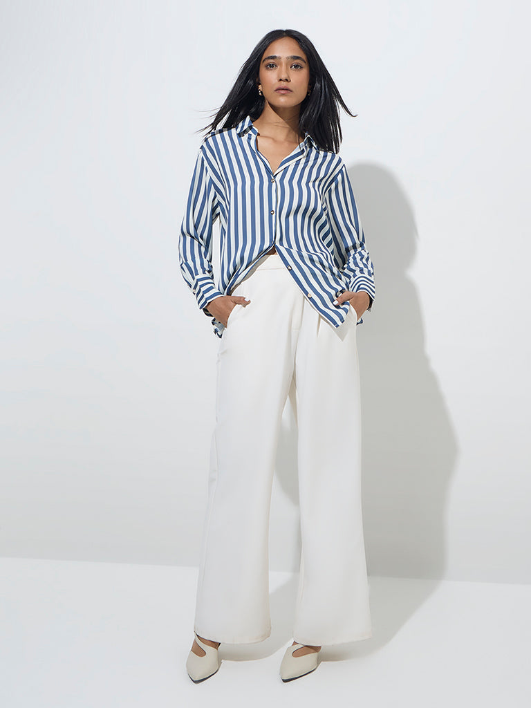 Westside Wardrobe Women's Blue Striped Shirt for Work Wear Full View