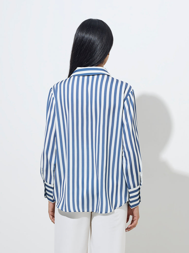 Westside Wardrobe Women's Blue Striped Shirt for Work Wear Back View