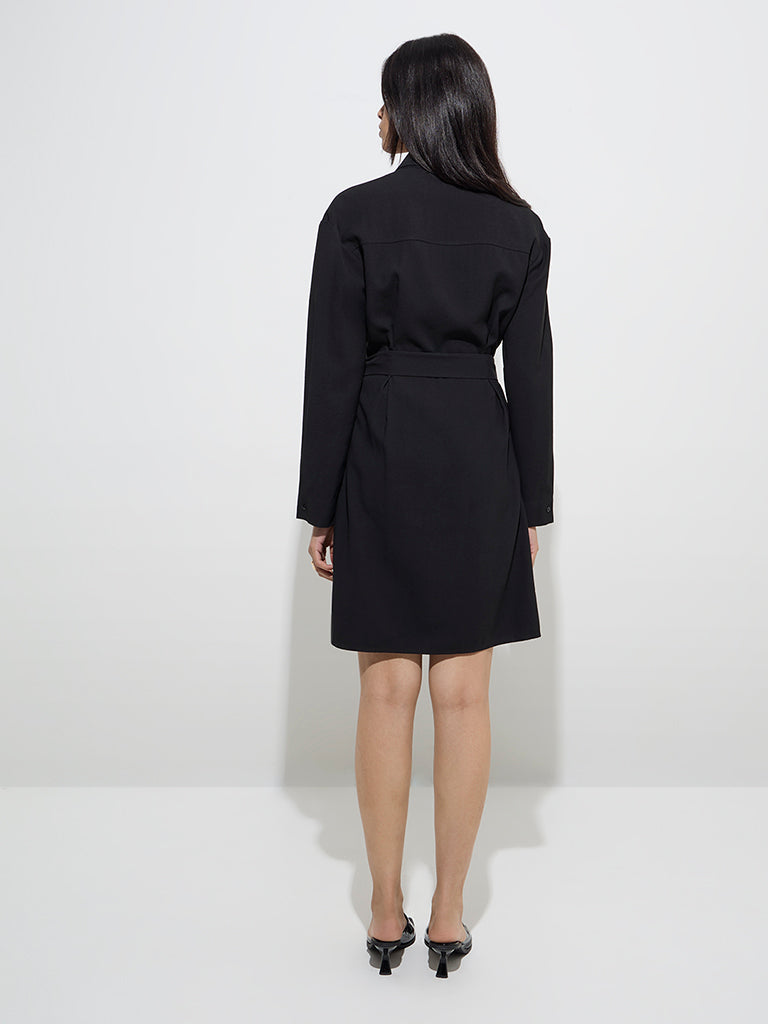 Westside Wardrobe Women's Black Solid Shirt Dress with Belt for Work Wear Back View