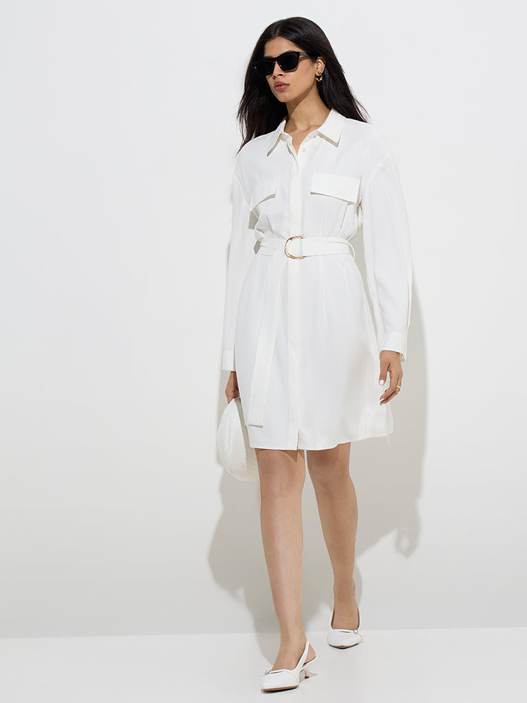 Westside Wardrobe Women's Ivory Solid Shirt Dress with Belt for Work Wear Front View
