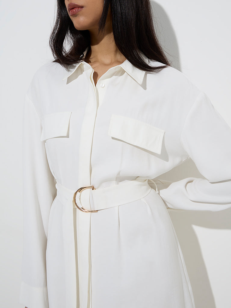 Westside Wardrobe Women's Ivory Solid Shirt Dress with Belt for Work Wear Zoomed View