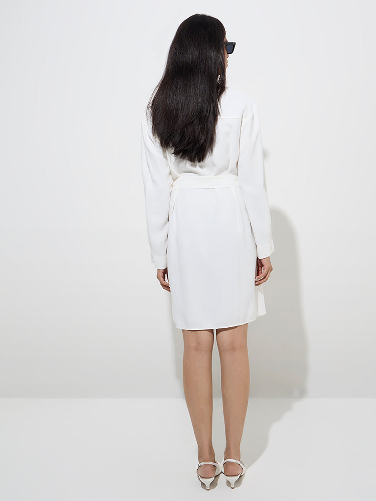 Westside Wardrobe Women's Ivory Solid Shirt Dress with Belt for Work Wear Back View