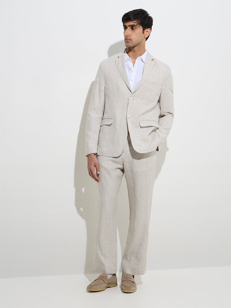 Ascot Beige Checkered Relaxed-Fit Linen Blazer