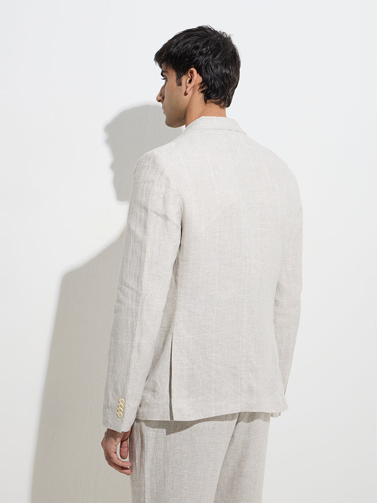 Westside Ascot Men's Beige Checkered Relaxed-Fit Linen Blazer for Casual Wear Back View