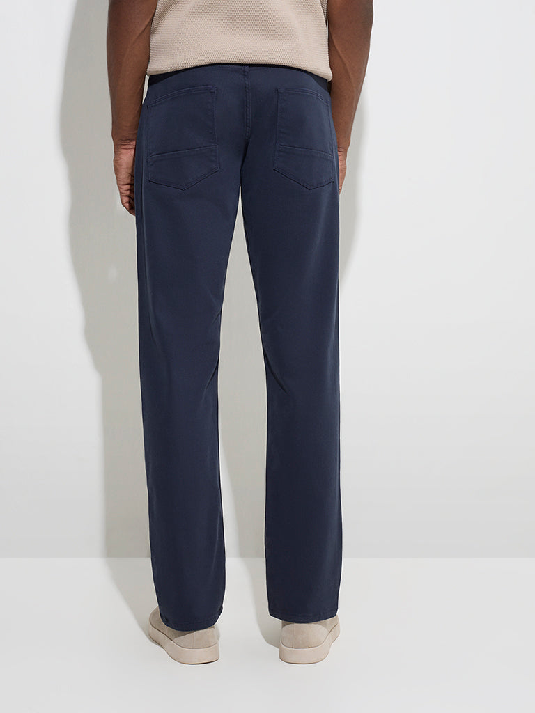 Westside Ascot Men's Navy Relaxed-Fit Mid-Rise Cotton-Blend Trousers for Casual Wear Back View