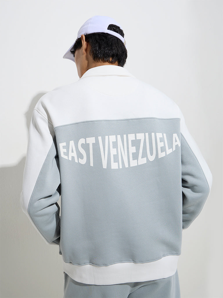 Westside Studiofit Men's Grey Text Pattern Quarter Zip Cotton-Blend Sweatshirt for Winter Wear Back View