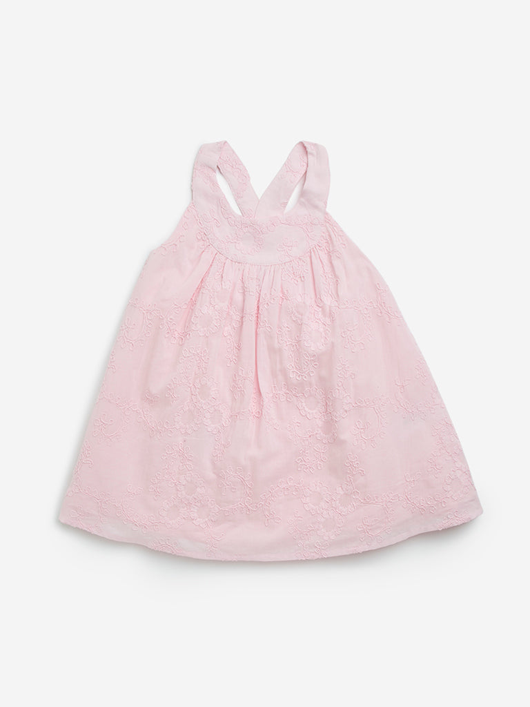 HOP Baby Pink Floral Embroidered Cotton A-Line Dress