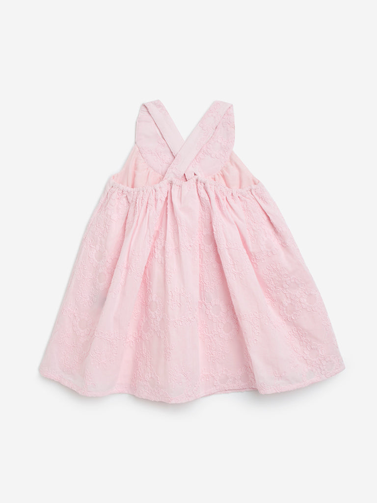 HOP Baby Pink Floral Embroidered Cotton A-Line Dress