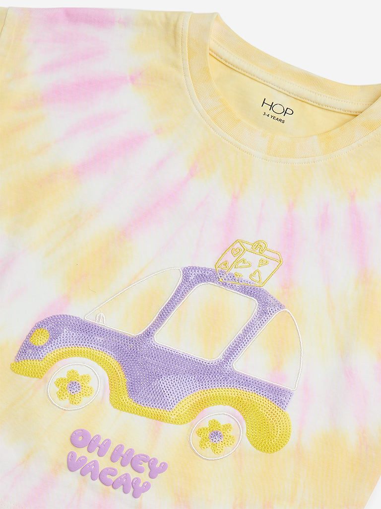 Westside HOP Girls' Kids Yellow Embellished Tie-Dye Cotton T-Shirt for Casual Wear Zoom View