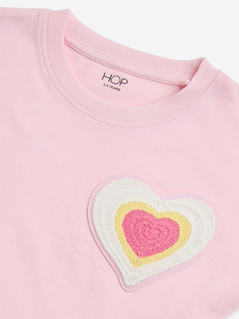 Westside HOP Girls' Kids Pink Heart-Embroidered Cotton T-Shirt for Casual Wear Zoom View