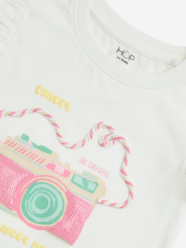 Westside HOP Girls' Kids White Polaroid Camera Design Cotton Top for Casual Wear Zoom View