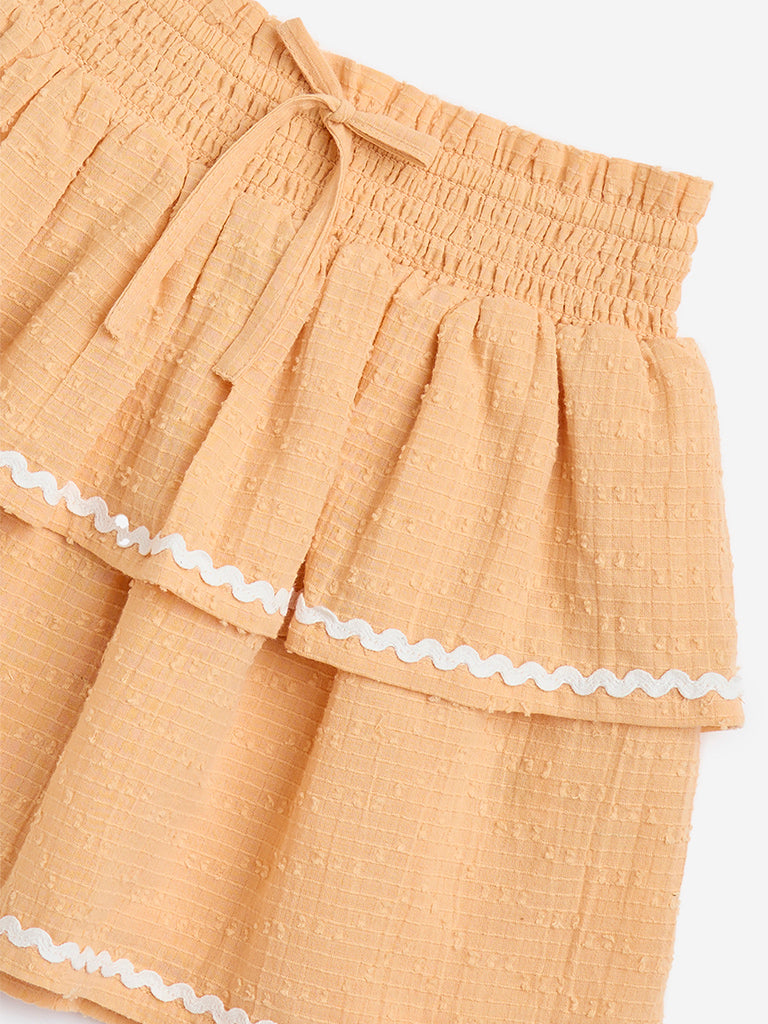 Westside HOP Girls' Kids Light Orange High-Rise Cotton Tiered Skirt for Casual Wear Zoom View