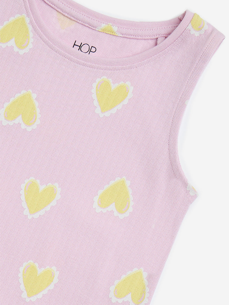 Westside HOP Girls' Kids Lilac Heart Design Drop-Waist Cotton Dress for Casual Wear Zoom View